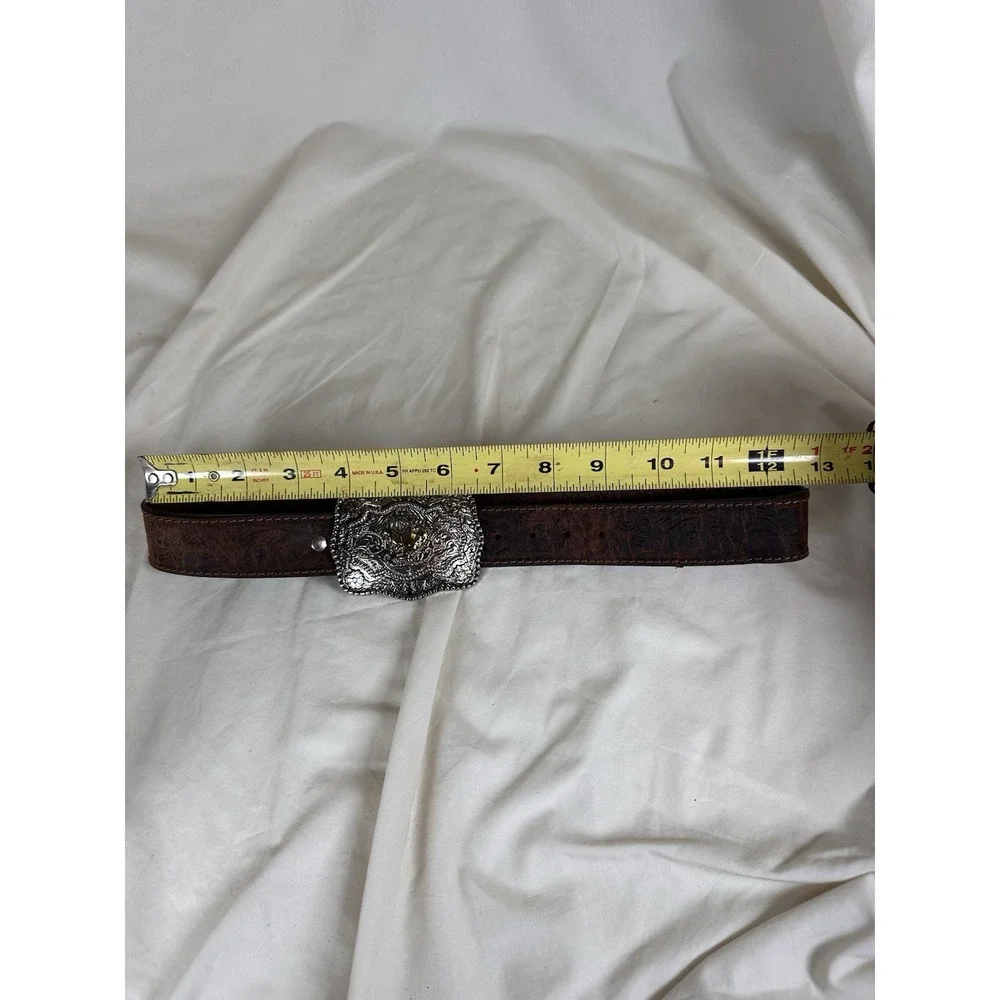 Kids Western Tooled Brown Leather Belt Bull‎ Rider Silver Gold Buckle Cowboy 29